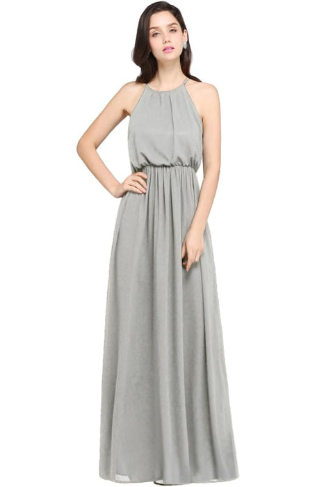 Halter Ruffle Chiffon Bridesmaid Dress Floor Length Casual Wear Dress - Silver / S - Prom Dresses
