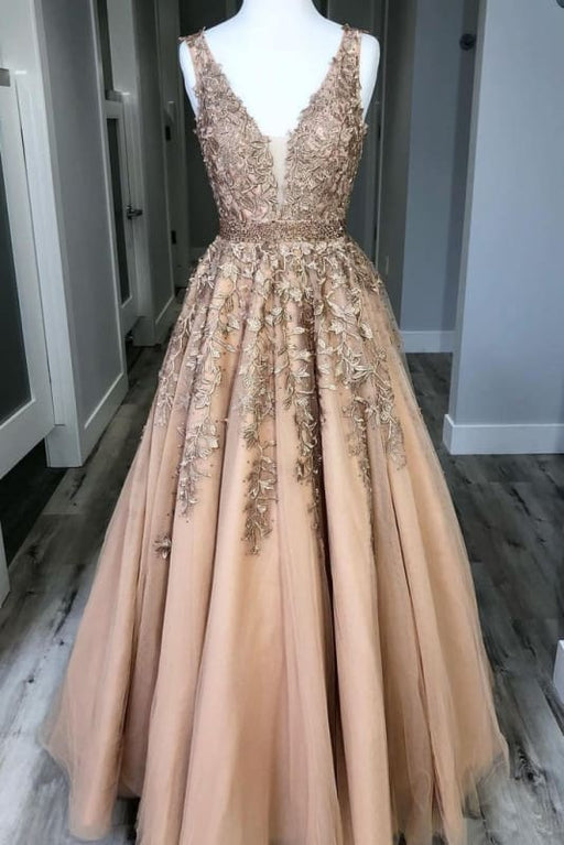 A Line V Neck Tulle Lace Applique Prom with Beading Waist Puffy Party Dress - Prom Dresses