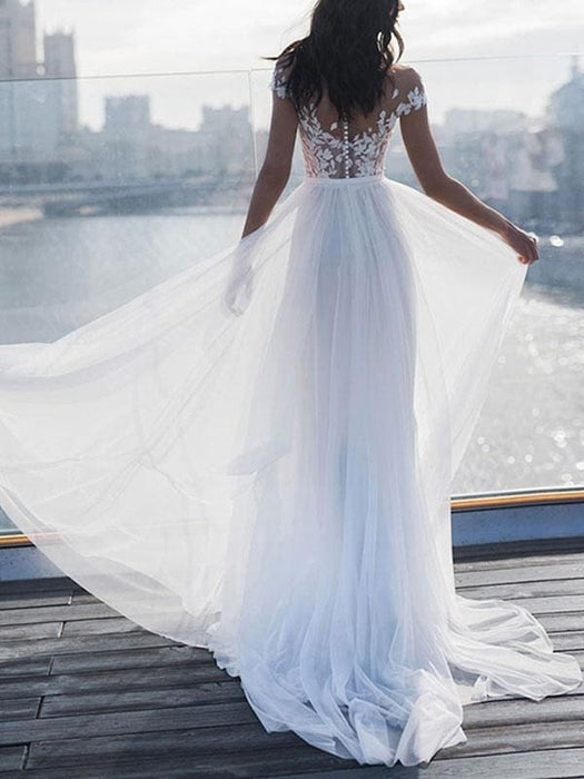boho wedding dresses 2021 lace off the shoulder short sleeve floor length split front bridal dress with train