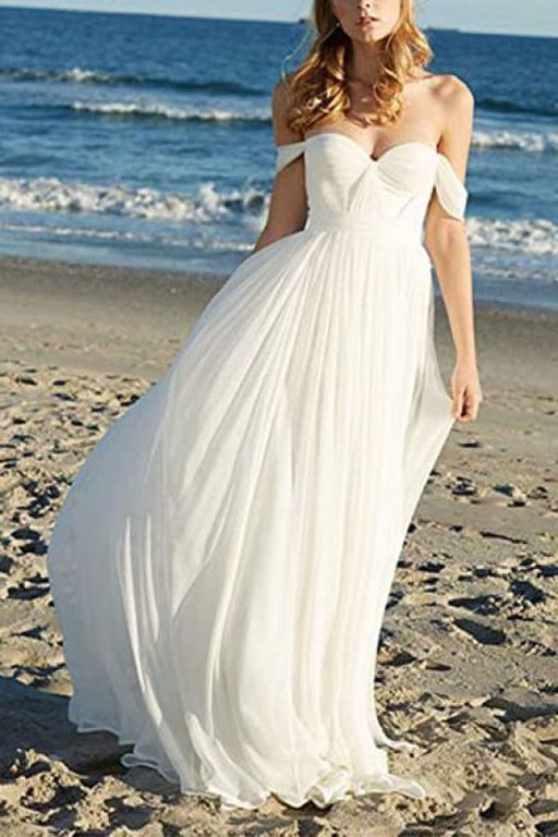 Flowy Off the Shoulder Chiffon Beach Simple Long Pleated Wedding Dress - Wedding Dresses