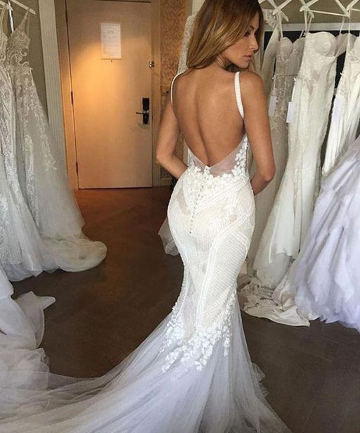 Luxurious Deep V-neck Tulle Mermaid Wedding Dress - Wedding Dresses