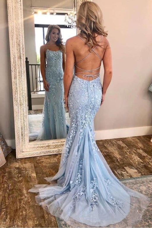 Red Spaghetti Strap Mermaid Prom Dresses with Lace Appliques Backless Formal Dress - Sky Blue - Prom Dresses