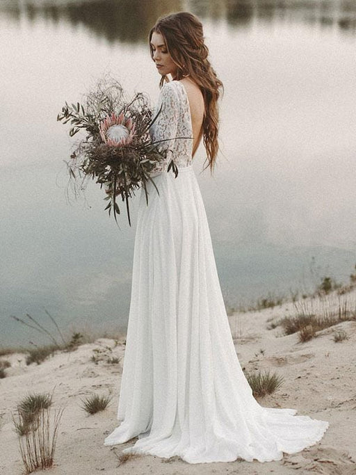 Simple Wedding Dress A Line V Neck Long Sleeve Floor Length Chiffon Lace Beach Wedding Dresses
